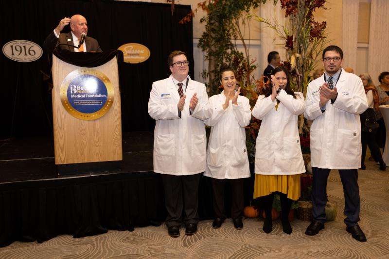Tom Protack, Beebe Medical Foundation president, congratulates Beebe Healthcare’s first medical residents in training at the R. Randall Rollins Center for Medical Education. Shown are (l-r) Protack; Harrison Eckert, DO; Monica Javadian, MD; Sofia Perez Delgado, DO; and Jacob Valvis, DO. SUBMITTED PHOTO